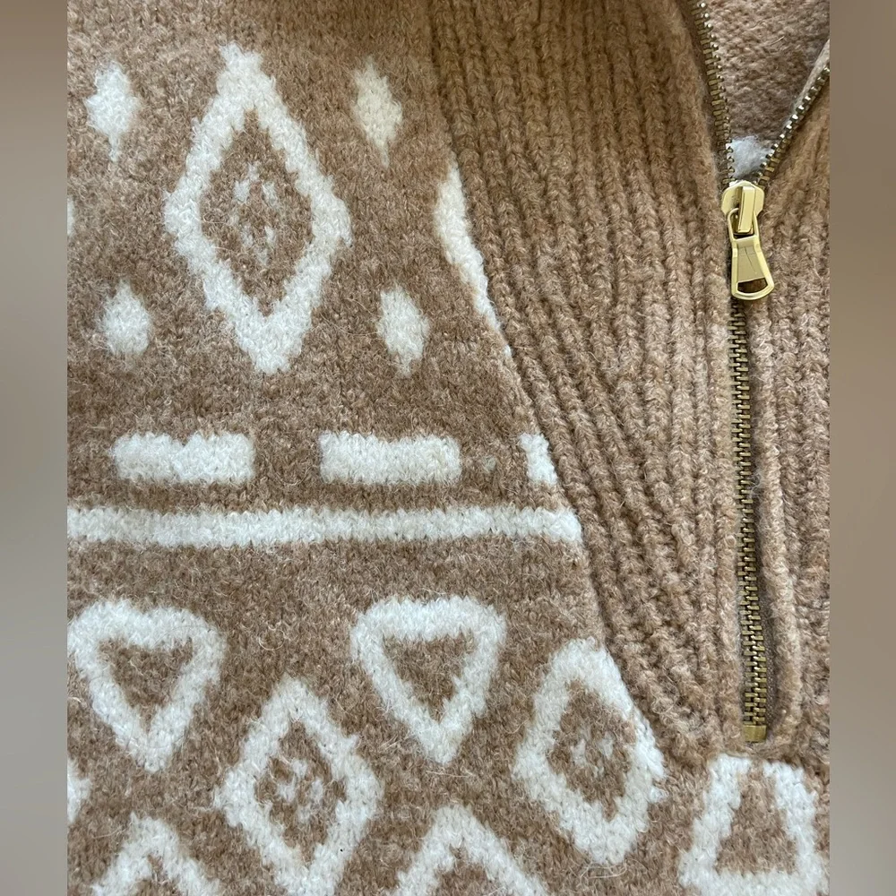 J.Crew Geometric Fair Isle Half-Zip Alpaca Sweater, tan size XS